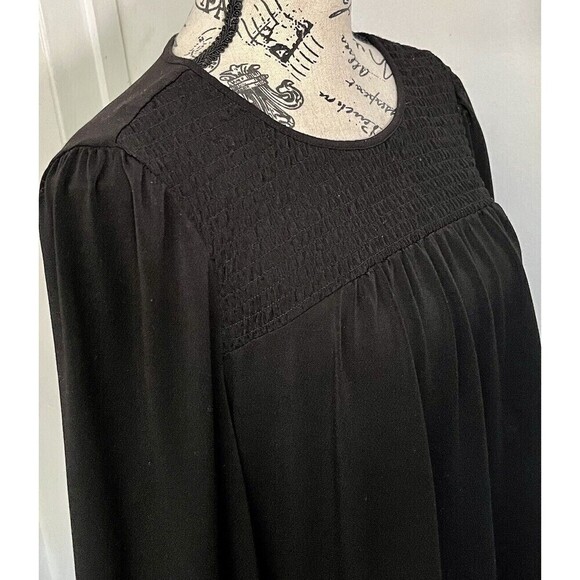 Adrianna Papell Black Smocked Crepe Blouse M – Goth Grunge Boho Dark Feminine - Picture 11 of 11